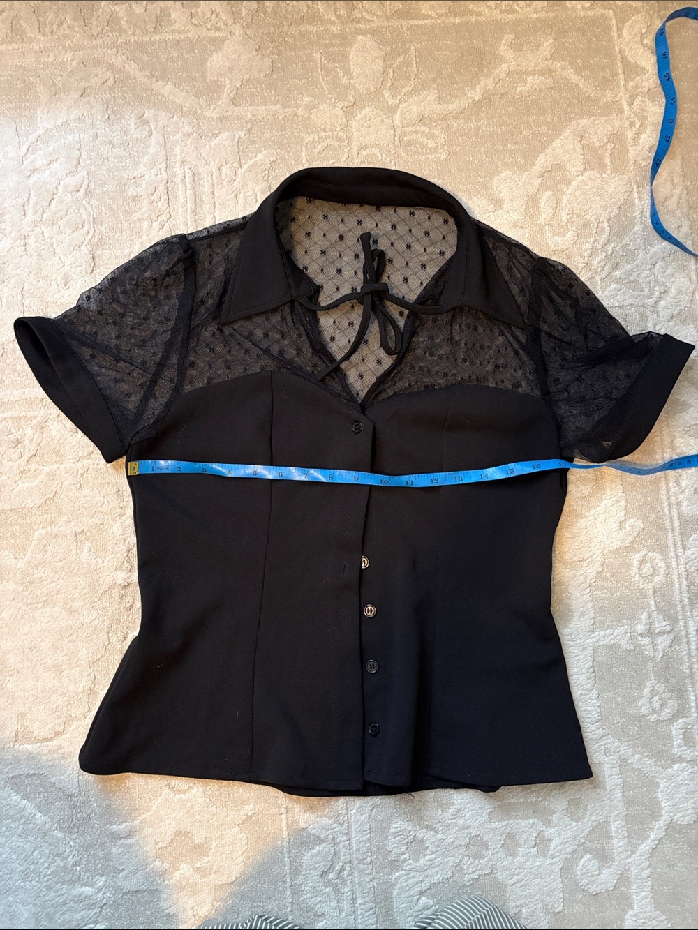 Unique Vintage Black Sheer Dot Yoke Tie-Neck Blouse Size 10-12